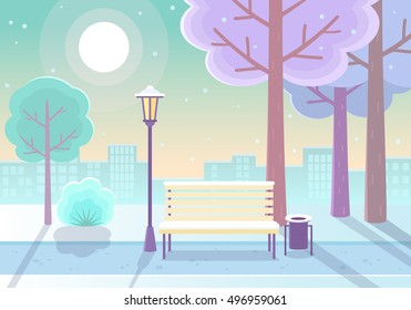 Vector illustration of a beautiful winter city park  with town building background. 