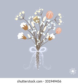 Vector illustration of beautiful winter decoration with bouquet of flowers in pastel colors with ribbon