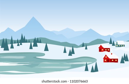 Vector illustration of beautiful winter landscape with red houses on the mountains background and lake in flat cartoon style.