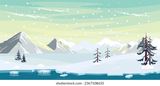 Vector illustration of a beautiful winter landscape with mountains. Cartoon scene with wonderful snowy mountains, a plain and Christmas trees, a frozen river with ice and snowflakes in a pastel sky.