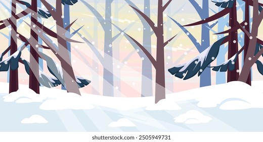 Vector illustration of a beautiful winter landscape. Cartoon scenes of a winter forest landscape with Christmas trees, tree trunks with branches, snowdrifts, snowflakes, rays of the sun, the sky.