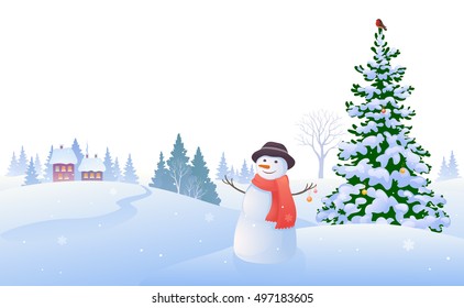 Vector illustration of a beautiful winter landscape with a snowman, isolated on a white background