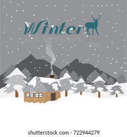 Vector illustration of a beautiful winter landscape with a snow covered cabin in wild