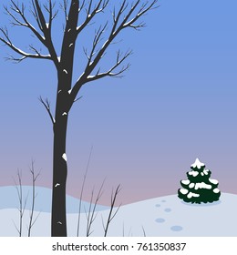 Vector illustration of beautiful winter morning. Tree silhouettes, hills, snow, cold season, sunrise sky, christmas card.