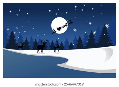 
Vector illustration Beautiful winter night scene, christmas theme, Flying Silhouette of Santa and Christmas Reindeer in the moonlit sky.