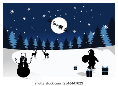 
Vector illustration Beautiful winter night scene, christmas theme, Flying Silhouette of Santa and Christmas Reindeer in the moonlit sky.