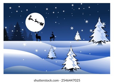 
Vector illustration Beautiful winter night scene, christmas theme, Flying Silhouette of Santa and Christmas Reindeer in the moonlit sky.