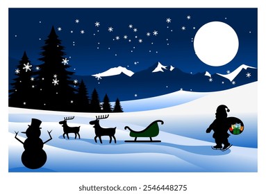 
Vector illustration Beautiful winter night scene, Christmas theme, Silhouettes of Santa, Christmas Reindeer, fir trees as well as snowmen with a moonlit sky