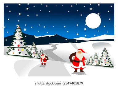 
Vector illustration Beautiful winter night scene with a Christmas theme, complete with house objects, Santa Claus and Christmas trees as well as beautiful snowflakes.