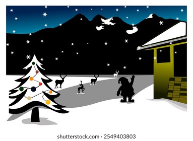 
Vector illustration of a beautiful winter night scene with a Christmas theme, complete with a Christmas tree, Santa Claus, Christmas reindeer, houses and beautiful snowflakes.