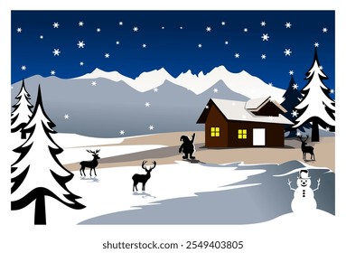 
Vector illustration of a beautiful winter night scene with a Christmas theme, complete with a Christmas tree, Santa Claus, Christmas reindeer, houses and beautiful snowflakes.