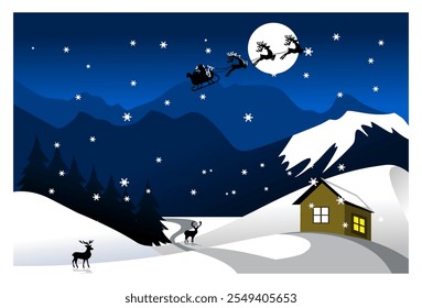 Vector illustration of a beautiful winter night scene with a Christmas theme, complete with a Christmas tree, Santa Claus, flying reindeer, houses and beautiful snowflakes in the moonlight.