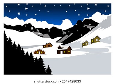 

Vector illustration of a beautiful winter night scene, complete with pine trees, snowy mountains, houses and beautiful snowflakes. suitable for backgrounds, wall decorations, Christmas themes.