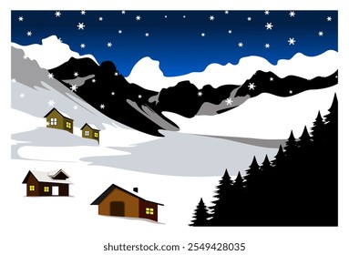 

Vector illustration of a beautiful winter night scene, complete with pine trees, snowy mountains, houses and beautiful snowflakes. suitable for backgrounds, wall decorations, Christmas themes.