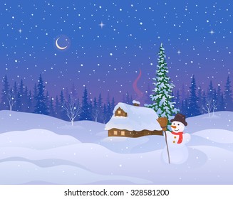 Vector Illustration Of A Beautiful Winter Night Landscape With A Snow Covered Cabin And Snowman