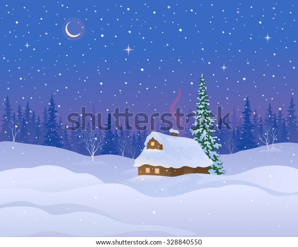 Vector Illustration Beautiful Winter Night Landscape Stock Vector ...