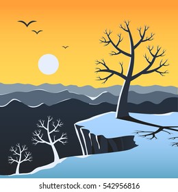 Vector illustration of a beautiful winter sunset landscape made in cartoon flat style. Nature background. View, mountains, horizon, trees, sky, flying birds. 
