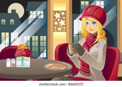 A vector illustration of a beautiful winter woman drinking coffee in a cafe