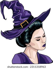 vector illustration of beautiful witch in a classic hat