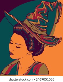 vector illustration of beautiful witch in a classic hat