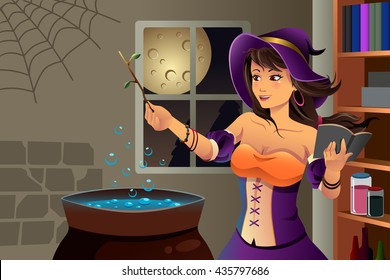 A vector illustration of beautiful witch cooking potion with cauldron