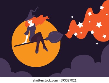 Vector illustration of a beautiful witch riding a broomstick on night sky with big moon and purple cloud. Broom acts as a paint brush painting magical star. A halloween card and poster concept.