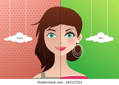 A vector  illustration of a beautiful woman before and after makeup