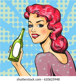 Vector illustration of beautiful woman with bottle of wine in retro pop art comic style. Celebration event.