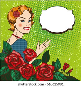 Vector illustration of beautiful woman with bouquet of red roses in retro pop art comic style. Speech bubble.