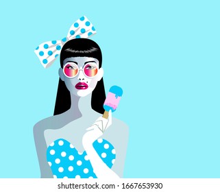 Vector illustration of a beautiful woman with bow on hair. Concept  for summer holiday, wedding, anniversary, birthday party. Design for banner, poster, card, invitation. Pop art, retro, vintage.