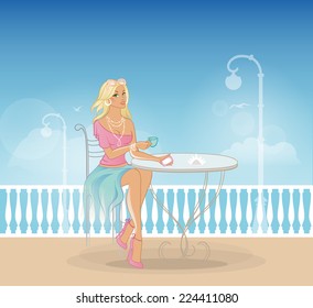 Vector illustration of beautiful woman in cafe