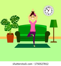 Vector illustration of beautiful woman character doing yoga at home.