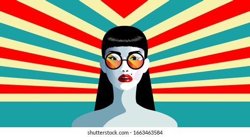 Vector illustration of a beautiful woman. Concept  for summer holiday, spring, wedding, anniversary, birthday party. Design for banner, poster, card, invitation. Pop art, retro, vintage.