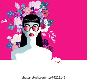 Vector illustration of a beautiful woman. Concept  for summer holiday, spring, wedding, anniversary, birthday party. Design for banner, poster, card, invitation. Pop art, retro, vintage.