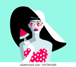 Vector illustration of a beautiful woman. Concept  for fashion, summer holiday, wedding, anniversary, birthday party in  pop art, retro, vintage style