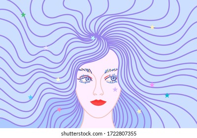 Vector illustration of beautiful woman with cool wavy violet hair 
