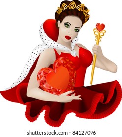 Vector illustration of beautiful woman with crown: she is queen of hearts