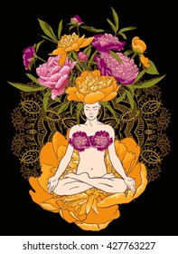 Vector illustration beautiful woman doing yoga meditation peony flowers