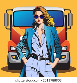 Vector illustration of a beautiful woman driving a truck.