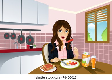 A vector illustration of a beautiful woman eating breakfast at home.  Part of "A Day In Life" series