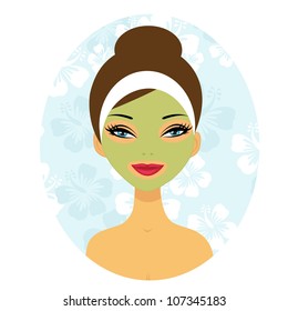 A vector illustration of a beautiful woman with a facial care mask