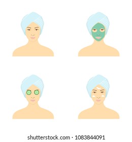 Vector illustration beautiful woman with facial mask of cucumber slices on face. Steps how to apply facial mask