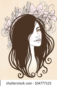 Vector illustration of beautiful woman with floral pink background. Vintage style vector illustration.