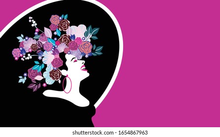 Vector illustration of a beautiful woman with flowers. Concept  for summer holiday, spring, wedding, anniversary, birthday party. Design for banner, poster, card, invitation. Pop art, retro, vintage.