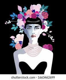 Vector illustration of a beautiful woman with flowers and pearl necklace. Concept  for summer holiday, spring, birthday party. Design for banner, poster, card, invitation. Pop art, retro, vintage.