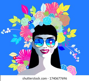 Vector illustration of a beautiful woman with flowers and sunglasses . Concept  for summer holiday, spring, wedding. Design for banner, poster, card, invitation. Pop art, retro, vintage.