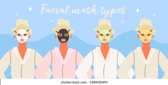  Vector illustration of a beautiful woman or girl using cosmetics. Different types of facial mask. Skin care tips picture. 