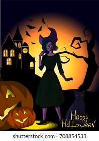 Vector illustration of a beautiful woman in Halloween costume. carved scary pumpkin, on Horror background, a mystic house spooky tree, bats and moon.