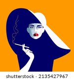 Vector illustration of a beautiful woman with hat and sunglasses smoking a cigarette . Design for banner, poster, card, invitation. Pop art, retro, vintage.