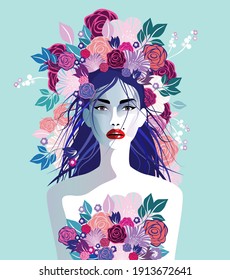 Ilustración vectorial de una mujer hermosa con el sombrero de flores en el pelo. Concepto de moda, vacaciones de verano, boda, aniversario, fiesta de cumpleaños en el arte pop, retro, estilo vintage